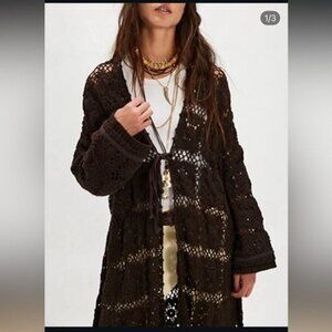 Free People Bali June Crochet Cardigan Womens XS/S Chocolate Brown Boho Chic